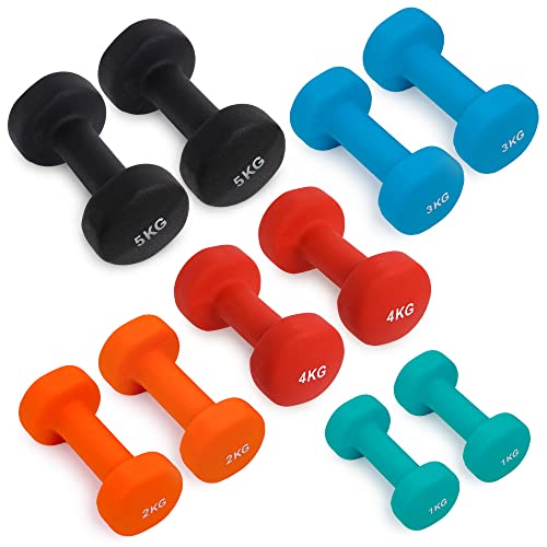 Neoprene Coated Cast Iron Dumbbells - Sizes 1-5kg, sold as pairs or a set